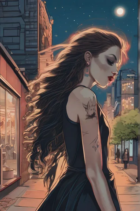 A girl is undergoing metamorphosis into a humanoid werewolf in the middle of the city. Shes standing on the sidewalk, with your back to the camera. Shes wearing a long black dress and her hair is loose. Your skin is starting to change color, and her teeth ...