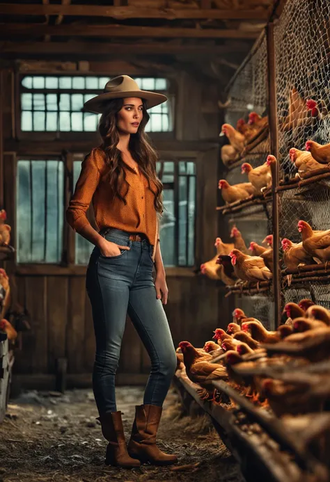 make a brunette woman
this woman must be wearing pants, uma blusa comprida, boots and hat
She must be inside a chicken coop
Shes feeding the chickens
ultra realistic photo, Qualidade 8k, FullHD