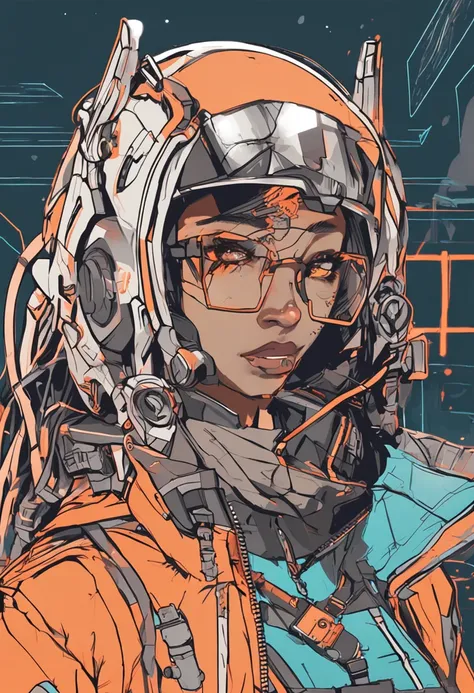 (melhor qualidade, tmasterpiece, Um olhar detalhado), olhos azuis cintilantes, Roupas azuis e laranjas, um feliz, Quadrado plano, (Cabelos curtos), Cabelos castanhos escuros, Beautiful glasses, parte superior do corpo, Traje cyberpunk apertado, corpo peque...