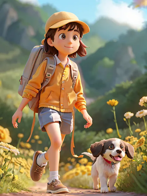 A very handsome little boy with a backpack and his cute border collie puppy，Enjoy a lovely spring outing surrounded by beautiful yellow flowers and nature。The illustration is a high-definition illustration in 4K resolution，With very detailed facial feature...