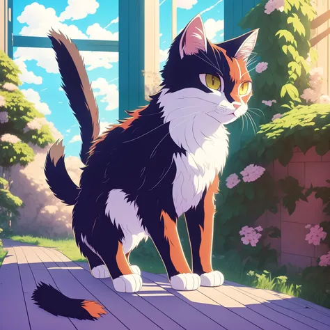 gato, anime style, Ghibli-like colours, god rays, ray tracing, Fujicolor, UHD, anatomically correct, super detail, high details, high quality, best quality, 1080P, HD, 4K, 16k, highres