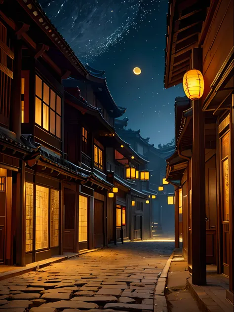 Official Art, Ancient China, Ancient Streets, (Lots of Fireflies), (Night), (Moon), Lights, Beautiful Landscapes, Epic Landscapes, Realistic Lighting, Masterpieces, High Quality, Beautiful Graphics, High Detail, Global Illumination, Unreal Engine Rendering...