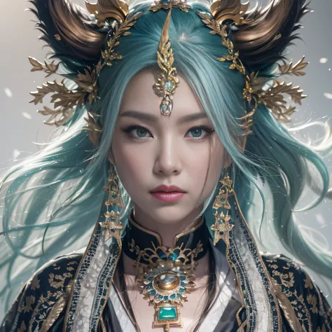 32K（tmasterpiece，k hd，hyper HD，32K）Long flowing black hair，Gold jewelry area in the back room，Smoke ring girl ，Bronze Dragon Protector （realisticlying：1.4），Python pattern battle robe，Purple-pink tiara，Snowflakes fluttering，The background is pure，Hold your ...