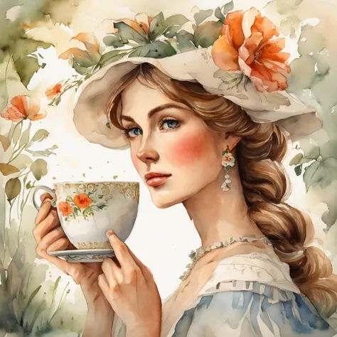 "Woman in vintage cottagecore style with a flower in her hair, captured in a beautifully detailed scene with good lighting. The image has a realistic and highly artistic quality, resembling a masterpiece. The woman is eat tea, and the background features a...