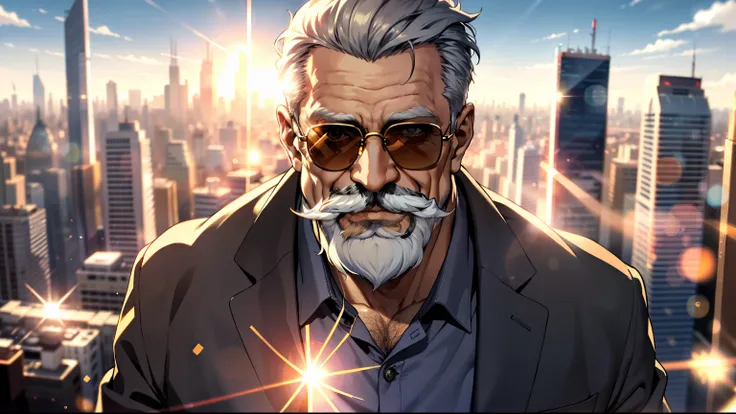 an old man, upper body, sunglasses on, long intricate mustache, huge Laughing, sun glare, bokeh, depth of field, blurry background, light particles, city skyline, wide view