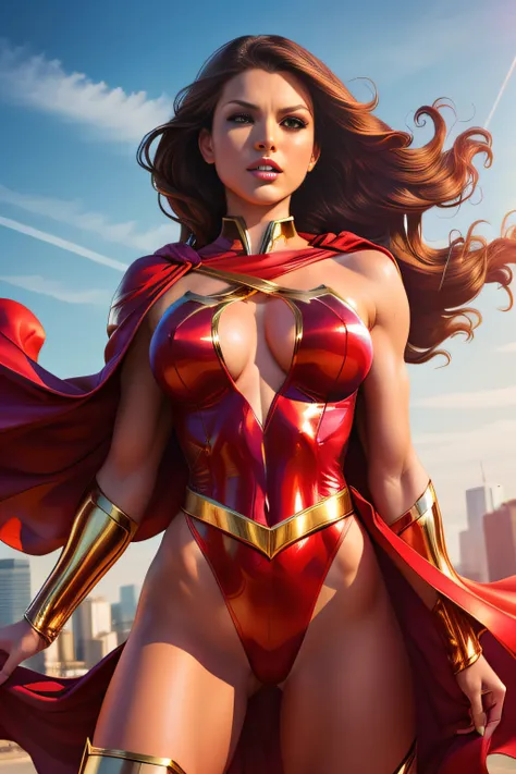 a sexy beautiful superheroine, has large breasts, brown hair, green eyes, green leotard with a black outer rim, the leotard has an opening on the chest area,. Red cape, red belt with a golden medal in the center, wears high knee boots that are black on the...