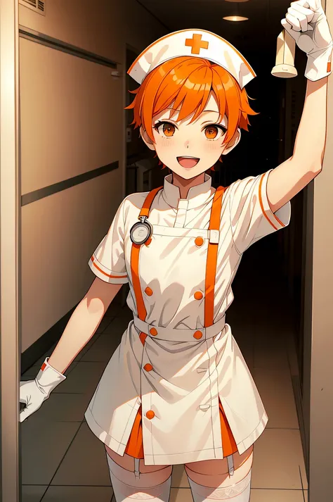 1 boy, Nurse, Nurse Cap, Whiteware, White stockings, White Gloves, Short short hair, Orange hair, Smile, Open mouth, Standing, hospitals, sharp outline, zettai ryouiki, Short sleeves, Shota, 12year old, Best Quality, masutepiece