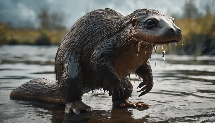 (Realistic full-body image of a single platypus-like monster);
(Monster with the characteristics: platypus-like, (Duck beak: 1.6), (beaver tail: 1.6), (otter paws: 1.6), (otter body: 1.6), (big claws: 1.6)) ;
(monstrous appearance, terrifying gaze);
Realis...