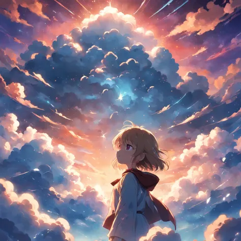 Masterpiece, Best Quality, Movie Stills, 1girl, Cloud Boy, Floating in the Sky, Close-up, Bright, Happy, Warm Soft Lights, Sunset, (Sparkle: 0.7)