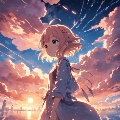 Masterpiece, Best Quality, Movie Stills, 1girl, Cloud Boy, Floating in the Sky, Close-up, Bright, Happy, Warm Soft Lights, Sunset, (Sparkle: 0.7)