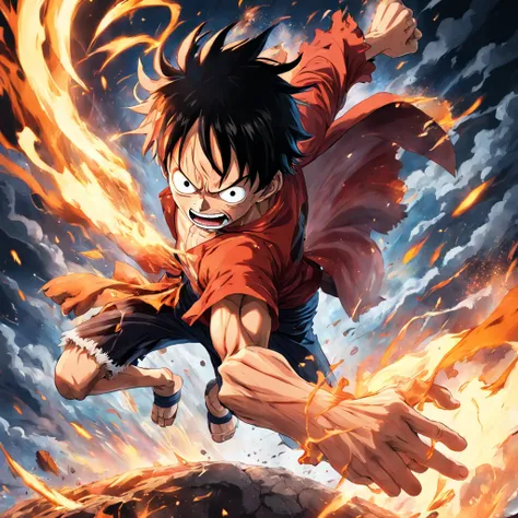 Design a gripping poster featuring Luffy from "One Piece" in a fit of rage. Capture the essence of his burning determination and unyielding spirit as he unleashes his wrath upon his enemies. Keep it short, bold, and intense to convey the raw power of Luffy...