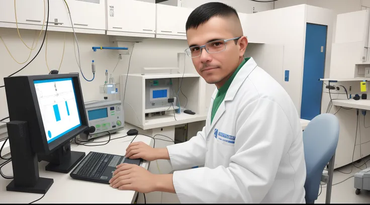 Electronic Maintenance Engineer, 40 anos, brasileiro, in the clinical laboratory, usando jaleco branco, consertando um equipamento, olhando para mim