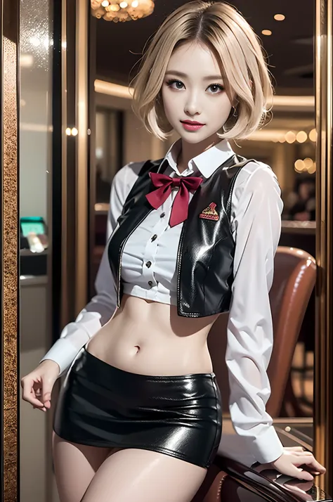 (highest quality, hight resolution, masterpiece:1.3) solo, girl, the casino croupier, break green eyes, tsurime, pink and very s...