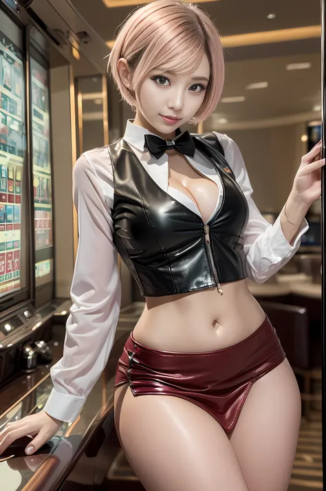 (highest quality, hight resolution, masterpiece:1.3) solo, girl, THE CASINO CROUPIER, BREAK green eyes, tsurime, pink and very short hair, large breasts, navel, detailed skin, BREAK White shirt, black short leather vest, black bow tie, black leather minisk...
