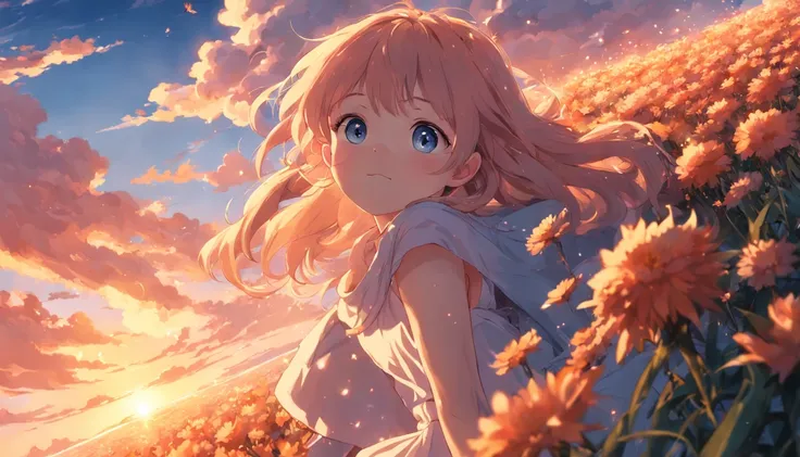 masterpiece, best quality, movie still, have a flower 1girl, cloud girl, floating in the sky, close-up, bright, happy, warm soft lighting, sunset, (sparks:0.7)