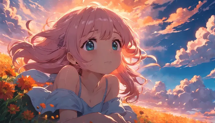 masterpiece, best quality, movie still, have a flower 1girl, cloud girl, floating in the sky, close-up, bright, happy, warm soft lighting, sunset, (sparks:0.7)