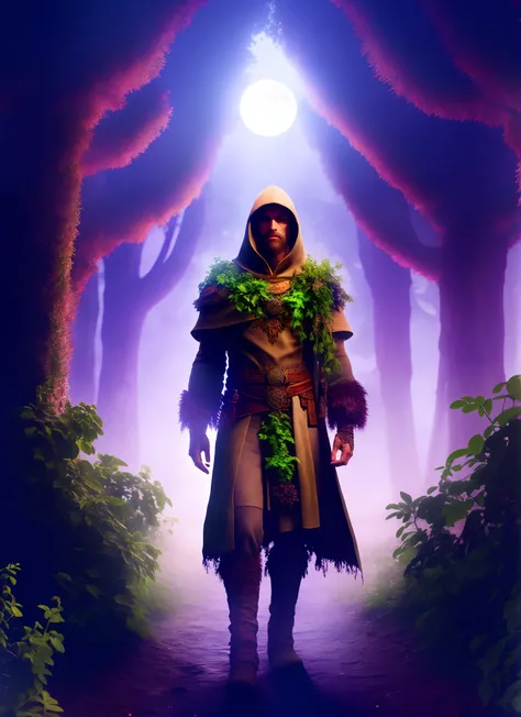 Druid, The guardian of this mystical world. Best Quality, Stunningly detailed image, magic atmosphere, mist,a starry sky, glowing plants, moon light, The protagonist with a hood, Magic Crystal, Magic symbols, saturated colors.