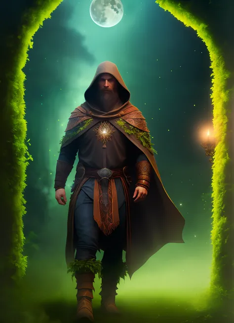 Druid, The guardian of this mystical world. Best Quality, Stunningly detailed image, magic atmosphere, mist,a starry sky, glowing plants, moon light, The protagonist with a hood, Magic Crystal, Magic symbols, saturated colors.