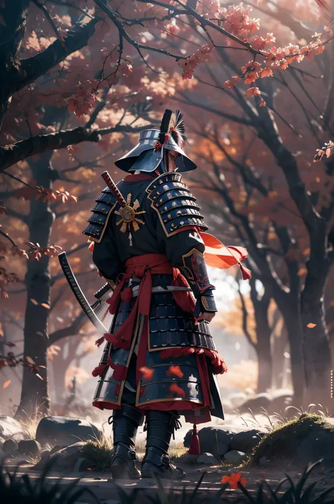 Japan samurai in armor、Highest bit、Highly detailed armor、reddish、ck、Highly detailed background，Realistic，ultra-detailliert，super detailed skin，light glow，Film grain，Expro II，Lens Flare，Sharpen，cinematic shadow