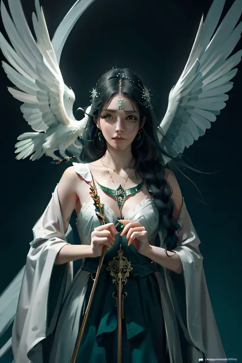 goddess of nature，Holy Spirit，green long hair，Hold the staff in your hand，hauntingly beautiful art，Monochrome performance，C4D ray tracing，Very Beautiful Digital Art, stunning digital art, Exquisite digital illustration,