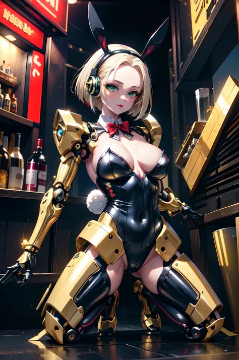 beautiful mechanical woman, solo, (half closed eyes, green eyes), (masterpiece eyes:1.3), BREAK, seductive smile, (mechanical bunny girl: 1.3), (black exoskeleton leotard: 1.3), (golden color mechanical joints, mechanical arms, mechanical legs:1.3), (expos...