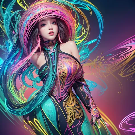 (masterpiece, top quality, best quality, official art, beautiful and aesthetic:1.2), (1girl:1.3), extremely detailed,(fractal art:1.2),colorful,highest detailed,( zentangle neon:1.2), (dynamic pose), (abstract background neon:1.5), (treditional dress:1.2),...