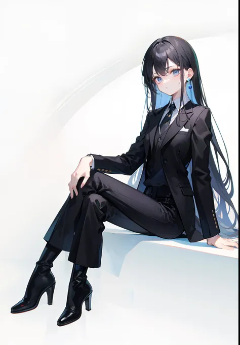 Long hair white，Black boots，black cloaths，In black suit，black long pants，Side sitting position，Long and slender legs