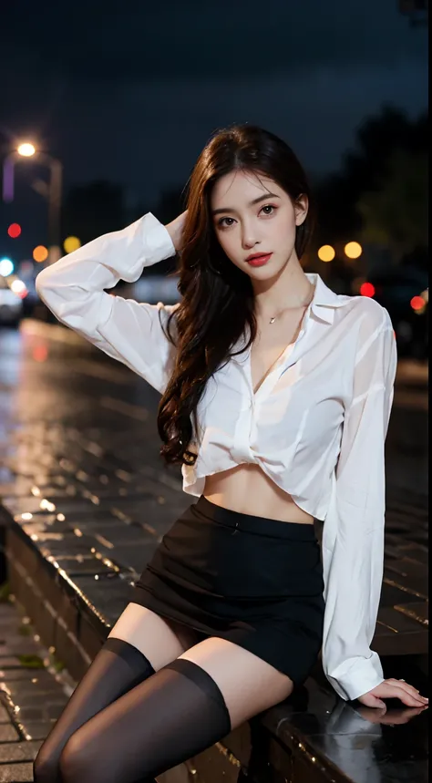 ((Realistic lighting, Best Quality, 8K, Masterpiece: 1.3)), Focus: 1.2, 1girl, Perfect Beauty: 1.4, Slim Abs: 1.1, (Big Breasts), (White Shirt: 1.4), (Outdoor, Night: 1.1), City Street, Super Fine Face, Fine Eyes, Double Eyelids, (Over the Knee Black Stock...