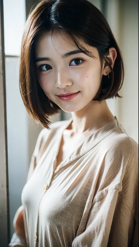 (Top Quality, 8k, 32k, Masterpiece, UHD: 1.2), 1 girl, 18 years old, Beautiful perfect face, Clean Japan, Big, OL, Holiday, Soft smile, Beautiful eyes, Intricate details, Fine skin, Short hair,