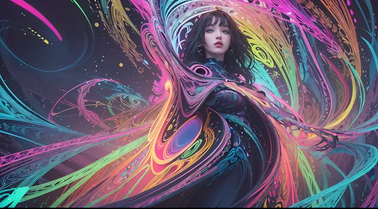 (masterpiece, top quality, best quality, official art, beautiful and aesthetic:1.2), (1girl:1.3), extremely detailed,(fractal art:1.2),colorful,highest detailed,( zentangle neon:1.2), (dynamic pose), (abstract background neon:1.5), (treditional dress:1.2),...