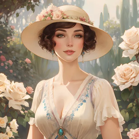 A woman in a hat and dress standing in a rose garden, inspirado em Harrison Fisher, Retrato Art Nouveau, beautiful retro art, No estilo de arte de Bowater, arte digital de um elegante, Alphonse Mucha e Rossdraw, mucha estilo 4k, Arte no estilo de Guweiz, 1...