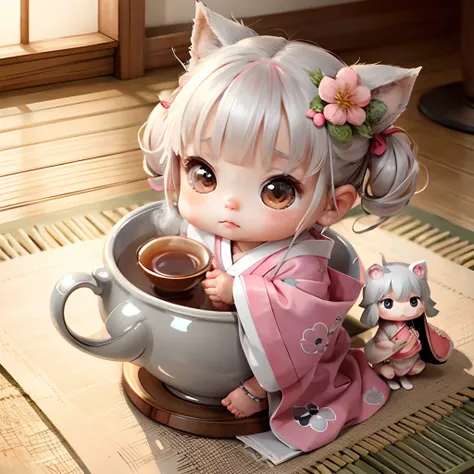 Cute baby chibi anime, grey and pink kimono, sit in the tea cup thank you note