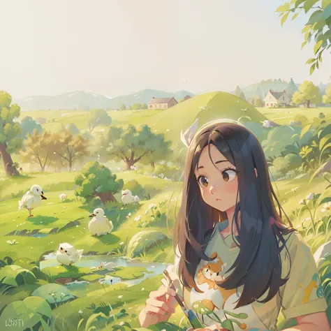 painting of cartoon characters in a field , peaceful and graceful, loish and wlop, jen bartel, swan, detailed soft painting, painterly illustration, serene illustration, brittney lee, stylized painting, painted in high resolution, painted in anime painter ...