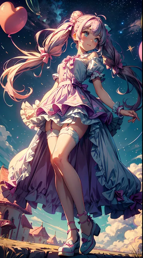 (fullbody, legs and shoes visible: 1.2)) expressive eyes, 1girl, pale skin, long hair, windblown hair, ((absurdly long hair)), long sidelocks, hime bangs, hair fringe, hair bun, ((very long twintails)), iridescent hair, light pink hair, blushing, full face...