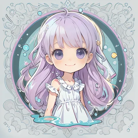 Sticker, Cute anime girl head, Long pink hairstyle,Extra-long hair，Light purple eyes，Cute white dress，The feeling of water droplets around，in circle, White background, Light sky blue background，Lovely smile，Simple, Ultra detailed, Detailed drawing, vectori...