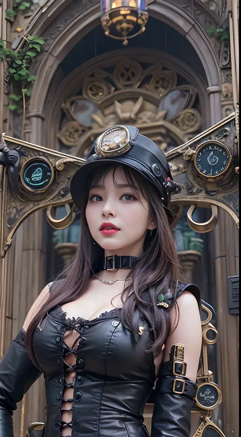 extreme close-up shot of a beautiful woman in black leather costume posing for photo、garter belt、steampunk pin-up girl、steampunk...