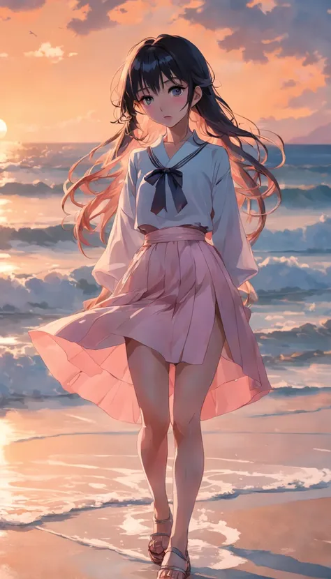 best qualtiy，tmasterpiece，超A high resolution，（真实感：1.4），RAW photogr，Warm lights，Sea and beaches，1girl in，Walking on the beach，White collar blouse，short pink skirt，Sandals，the setting sun，cabelos preto e longos，（slim，Dignified，Shy Expressions），Beautiful teen...