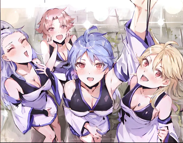 anime characters in uniform posing for a picture in front of a brick wall, anime maids riding early tanks, ahegao, hololive, official artwork, shirabii, from the azur lane videogame, official fanart, characters from azur lane, ecchi, ecchi style, kda, kona...