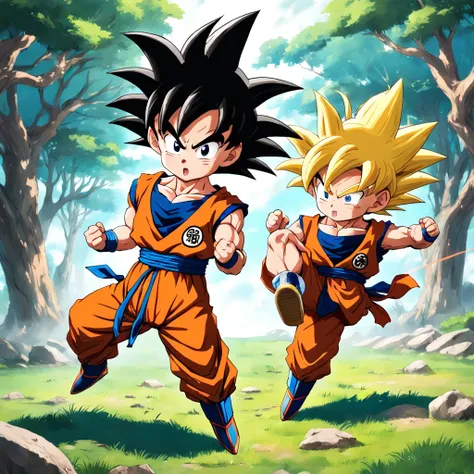 Goku chibi chara em uma pose de luta, em um campo de batalha,com o vedita, e o picolo