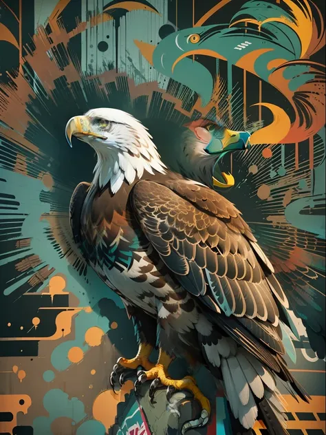 arte vetorial, Colorful illustration of an eagle with graffiti, no centro, cores brilhantes, respingos de tinta e manchas, High detail, fundo preto