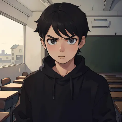 best qualityer，One was wearing a black sweatshirt，Boy with short black hair，with a determined look in his eyes，The expression is serious，Stand in the classroom，