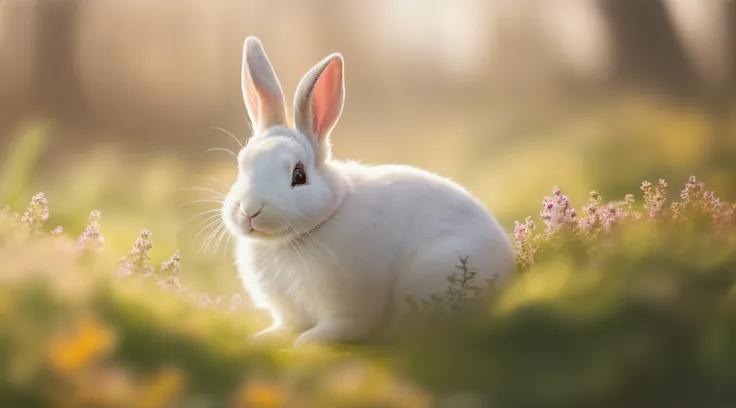 Close-up photo of white rabbit lying in Sunshine Park，clean backdrop，depth of fields，largeaperture，photography of，volume fog，Halo，blooms，Dramatic atmosphere，at centre，the rule of thirds，200 mm 1.4F macro shooting