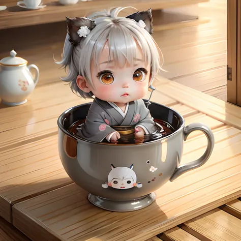 Cute baby chibi anime, grey kimono, sit in the tea cup