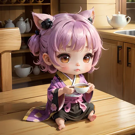 Cute baby chibi anime, purple and pink kimono, sit in the tea cup