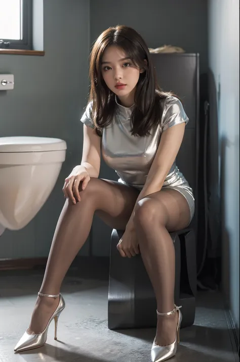 (full body:1.5)，(1girl:1.3),(view the viewer:1.4)，(anatomy correct:1.3),(sitting in the toilet:1.2),(a silver high waisted dress...