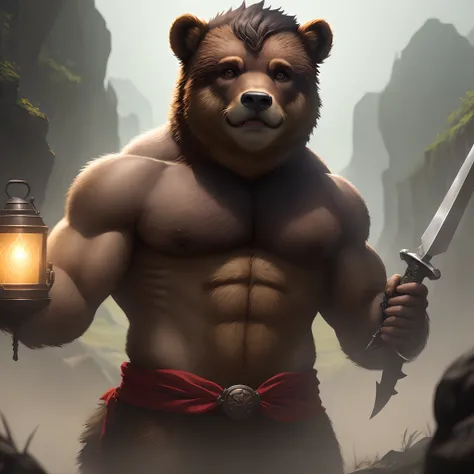 Kenket, Tran Ross, Ruan Jia, Bonifasko, um poderoso urso macho feito de (Wandering Barbarian), heterossexual, olhos alaranjados, grande juba preta de cabelos, retrato da fantasia, armadura couro medieval marrom finamente detalhada, design intrincado, Dual ...