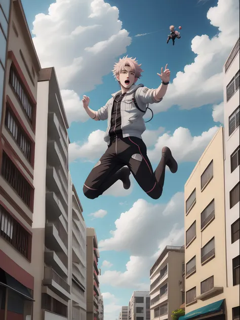 CG Anime realista, 8k, personagem masculino, anime, jumping from a building, back vision, cidade deserta, clouded skies,