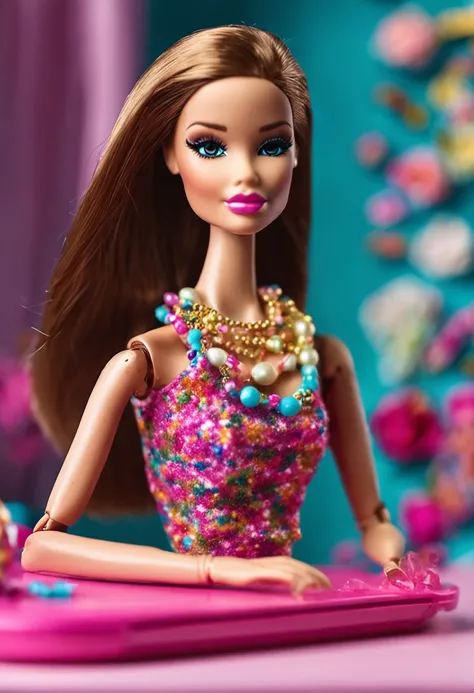 Menina sentada em uma mesa com duas bonecas Barbie e uma mala, boneca Barbie, plastic barbie doll, Barbie, foto comercial do brinquedo, Barbie ou boneca Ken, Retrato da boneca Barbie, fully posable, boneca Barbie anime, Obra-prima da luz brilhante, several...