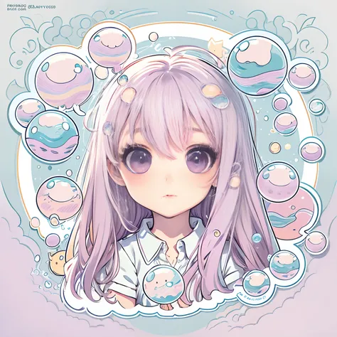 Sticker, Cute anime girl head, Long light pink hairstyle,Extra-long hair，Light purple eyes，Cute white dress，Colorful bubbles，The feeling of water droplets around，in circle, White background, Light sky blue background，Simple, Ultra detailed, Detailed drawin...