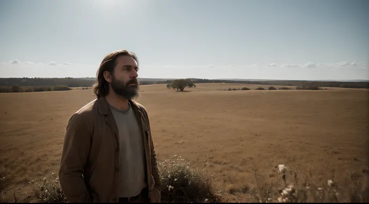 A man 40 years old with hair and a beard of brown color gazes at the horizon and thinks about his entire life, 1 man in the scene, a country scene, there is a lot of dust in the wind, calm and peaceful composition, wide-angle camera scene, contemplative sc...